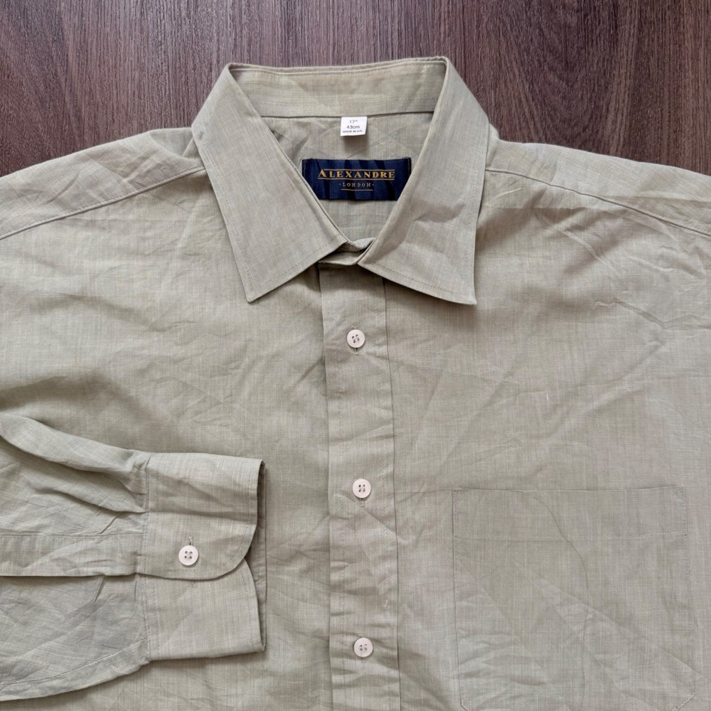 Alexandre London Mens Sage Green Textured Button Down Shirt 17 43cm Made in UK